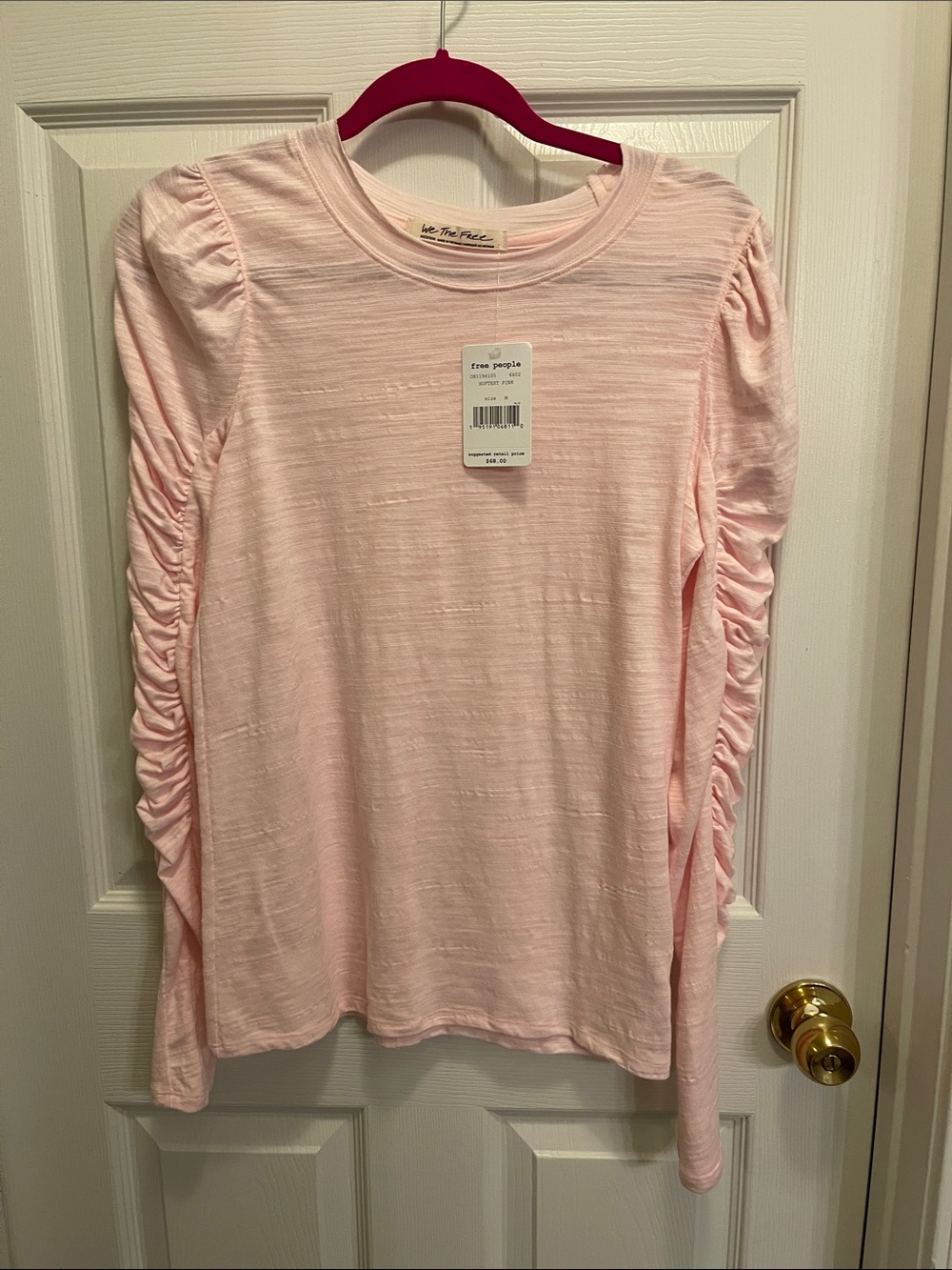 Free People Pale Pink Long Sleeve Ruched Side Tee